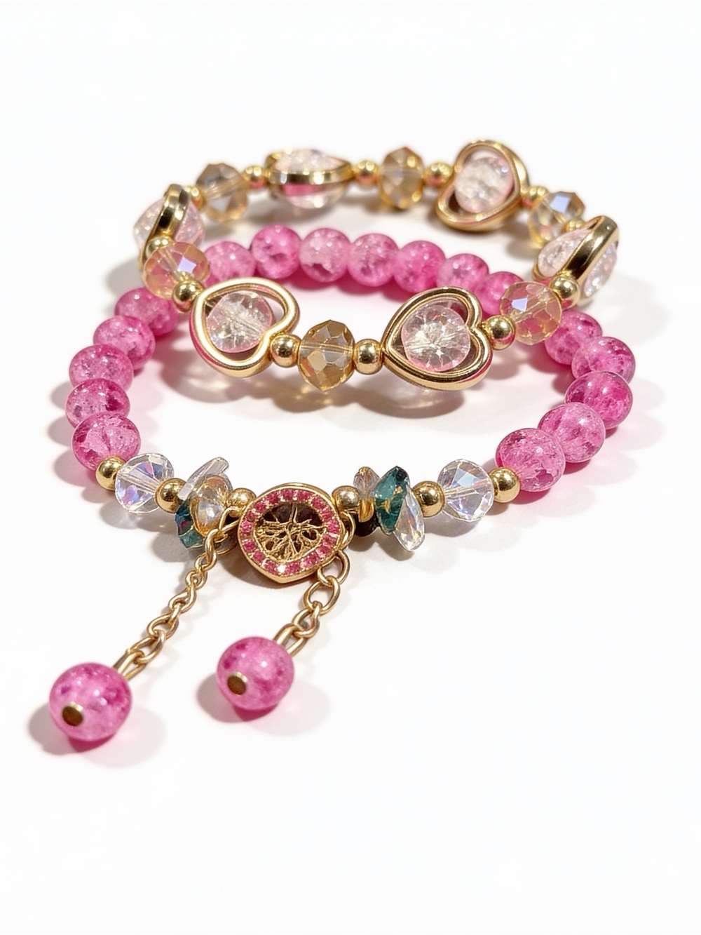 Pink Beaded Tree of Life Gold-Accent Stretch Bracelet Set